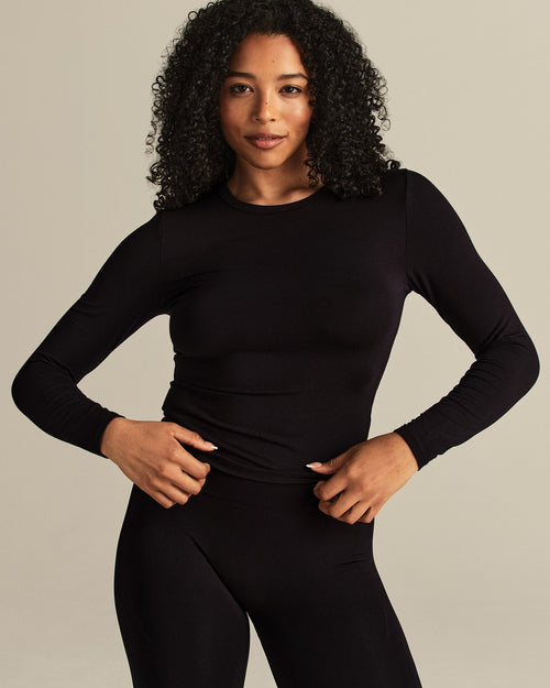 Smooth Contour Midi Crew Neck Long Sleeve T-Shirt | Black