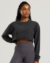 Comfort Vintage Look Oversized Cropped Long Sleeve T-Shirt | Black