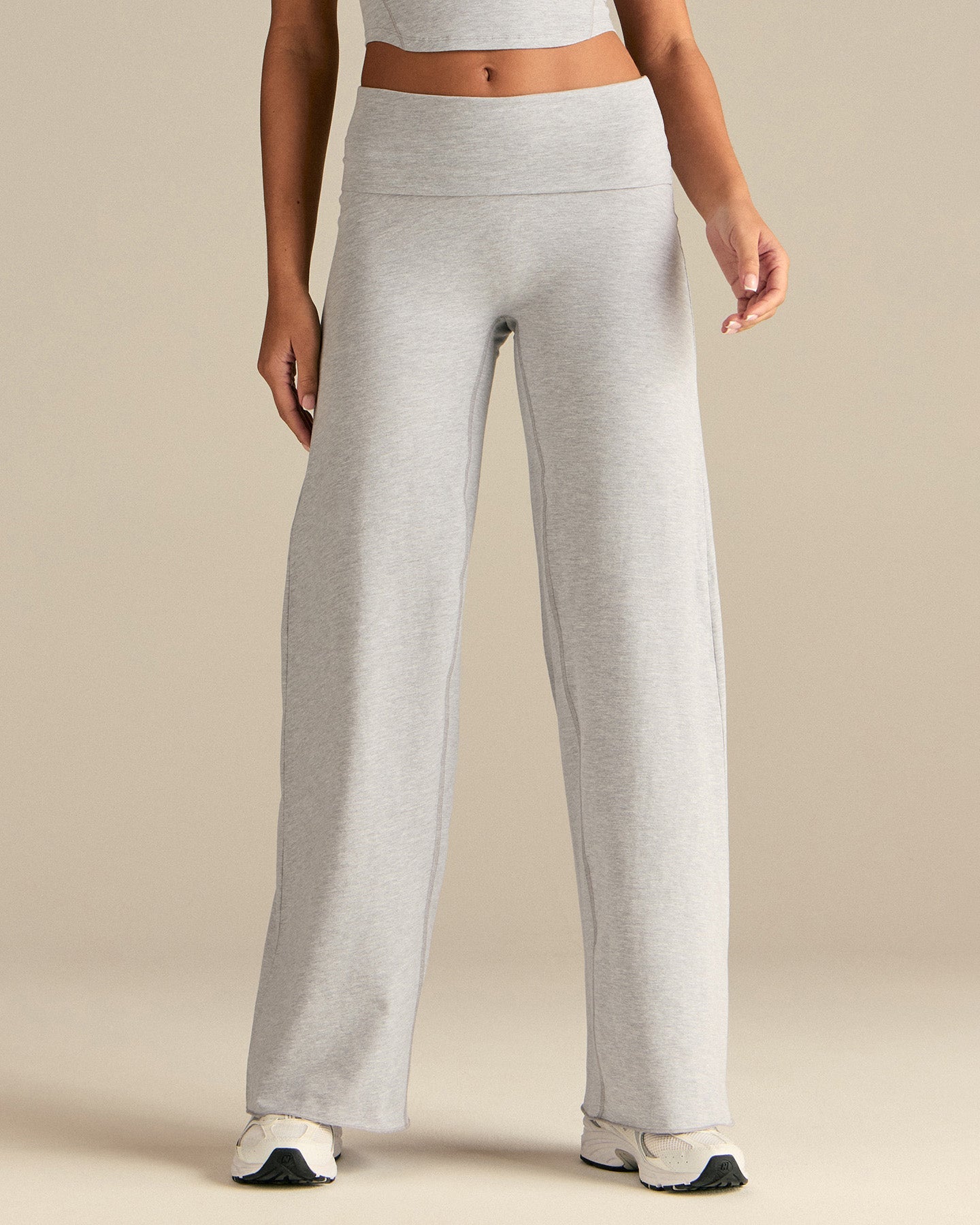 Cotton Contour Fold Over Straight Leg Pants | Grey Marl