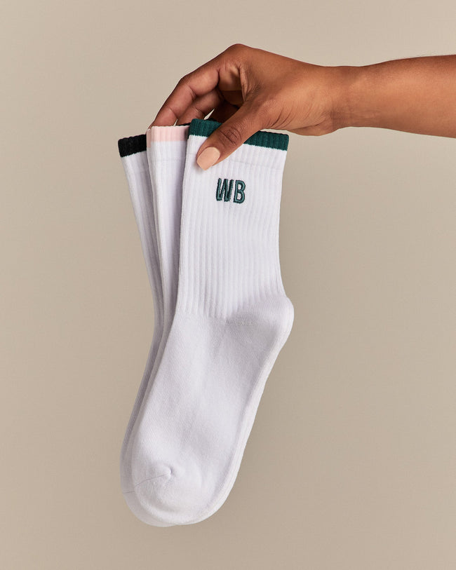Premium Crew Embroidered Socks (3PK) | Black/Emerald/Ballet Pink