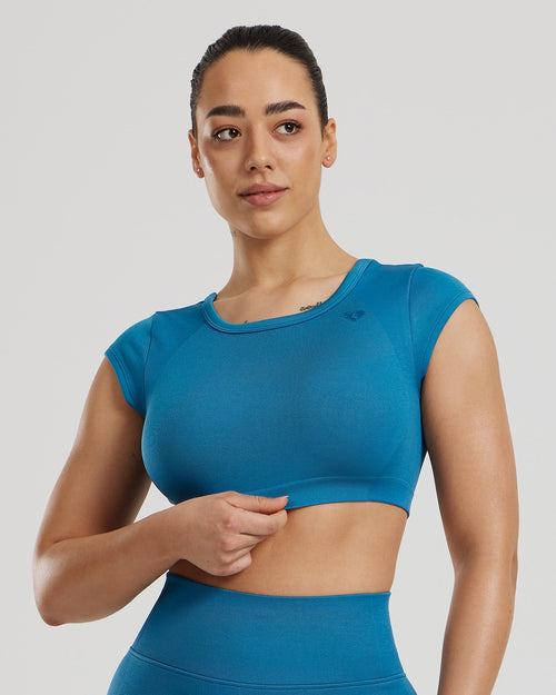 Motion Seamless Open Back Short Sleeve Crop Top | Peacock Blue