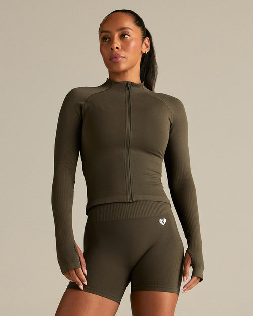 Power Seamless Long Sleeve Full Zip Jacket | Dark Olive
