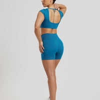 Motion Seamless Open Back Short Sleeve Crop Top | Peacock Blue