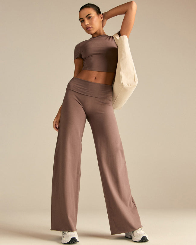 Cotton Contour Fold Over Straight Leg Pants | Mocha