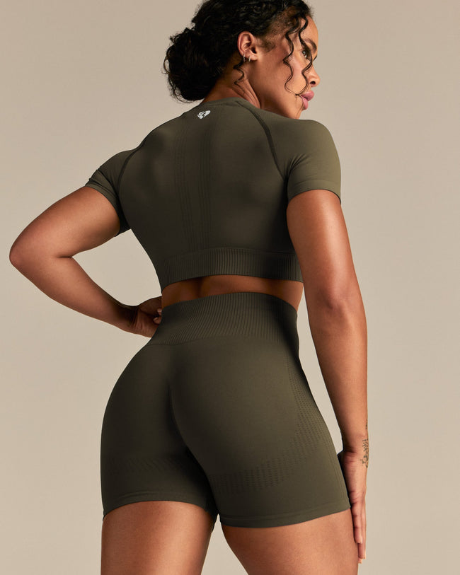 Power Short Sleeve Crop Top | Dark Olive (7/8)