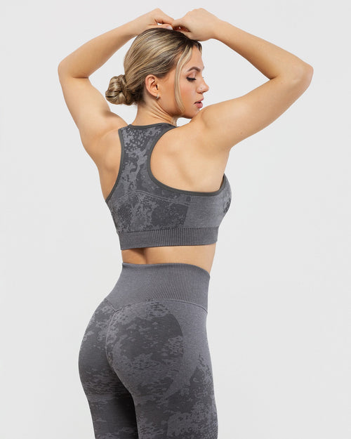 Stylish High Neck Sports Bra - Ipanema Collection - Grey Camouflage - Small  at  Women's Clothing store